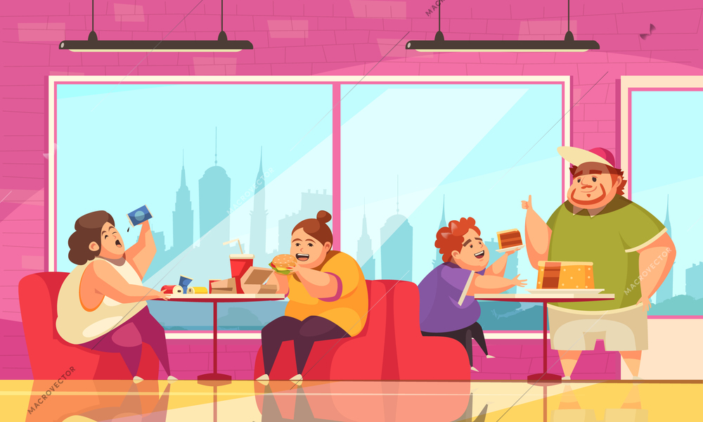 Gluttony and cafe background with people overeating symbols flat vector illustration