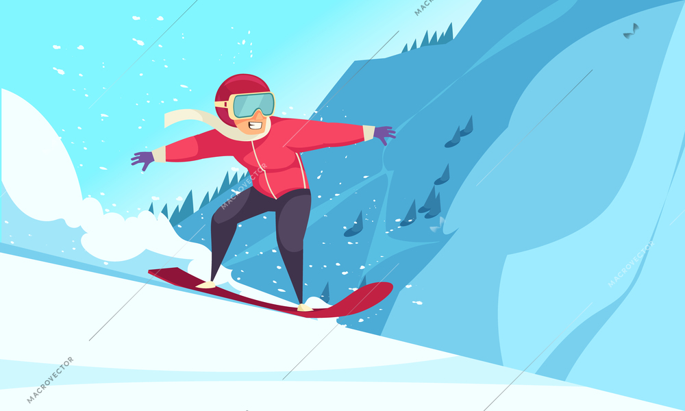 Winter extreme sports background with snowboarding symbols flat vector illustration