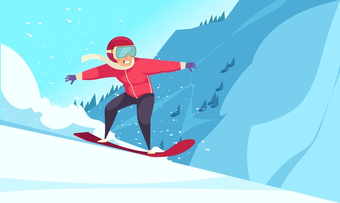 Winter extreme sports background with snowboarding symbols flat vector illustration