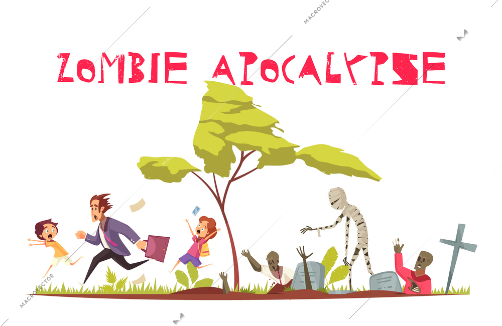 Zombie attack concept with apocalypse and fear symbols flat vector illustration