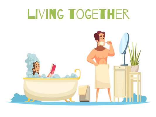 Living together concept with taking a bath symbols flat vector illustration