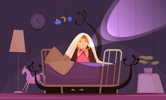 Childhood fears background with nightmares and bad dreams symbols vector illustration