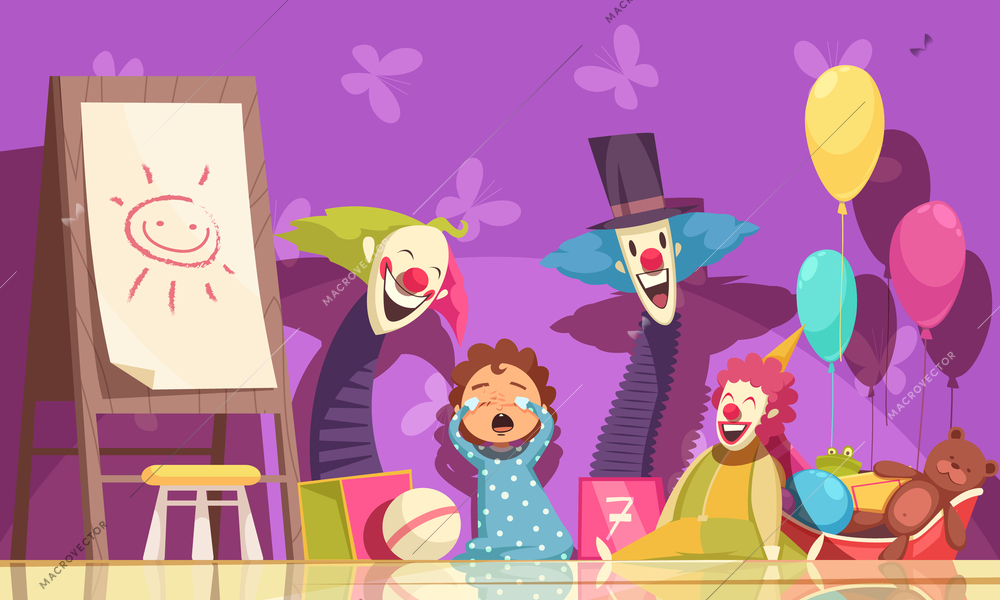 Kids fears background with clowns and parties symbols vector illustration