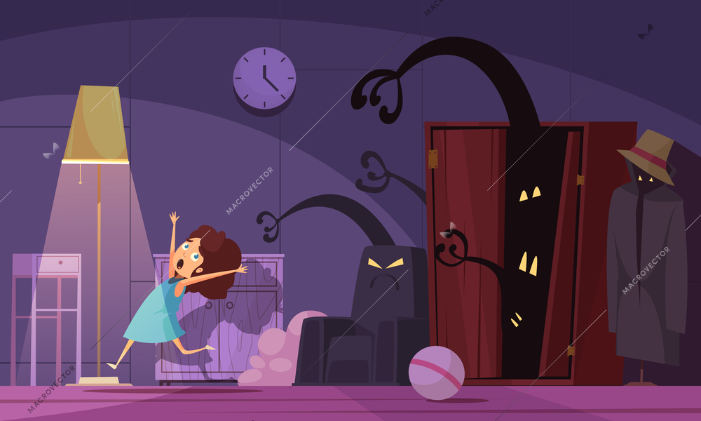 Childhood nightmares background with monsters and darkness symbols vector illustration