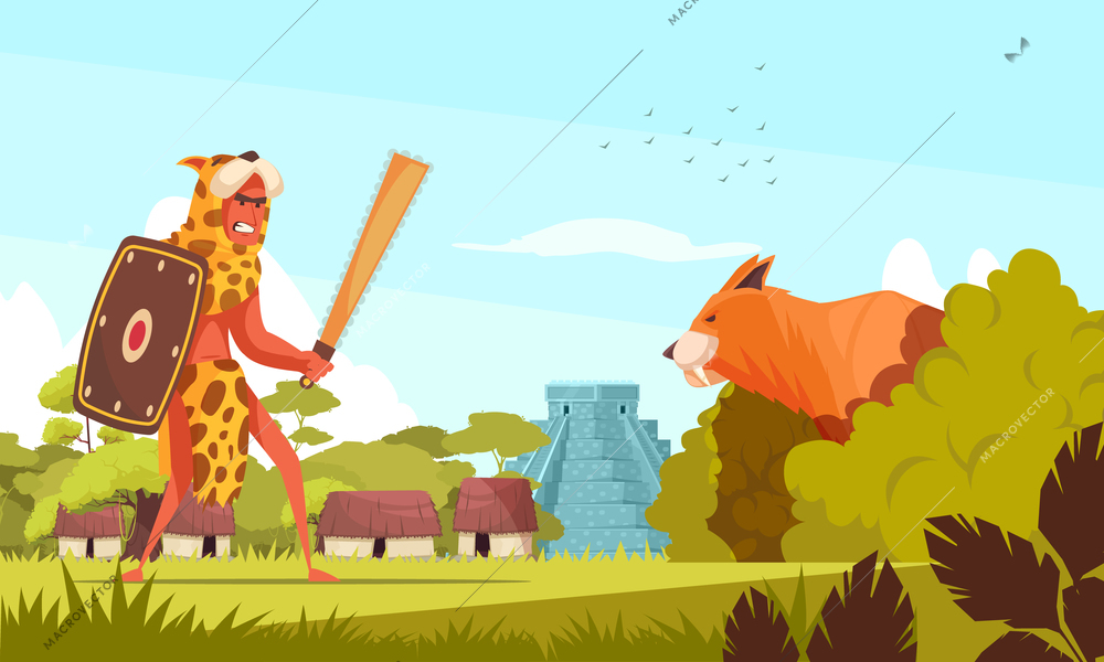 Ancient hunter background with weapons and wild animals flat vector illustration