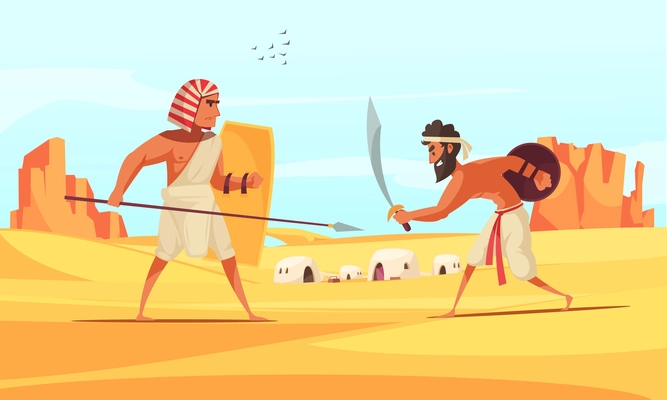 Ancient warriors fighting in desert with weapons background flat vector illustration