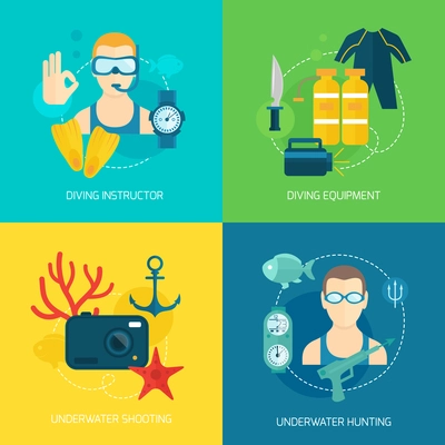 Diving scuba icons composition of instructor equipment underwater shooting and hunting isolated vector illustration