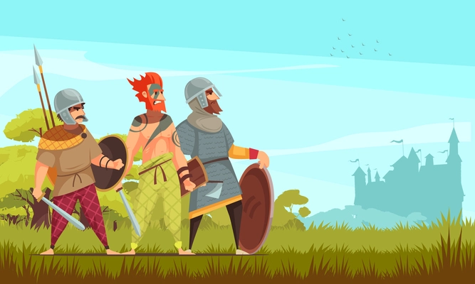 Ancient hunter background with weapons and wild animals flat vector illustration