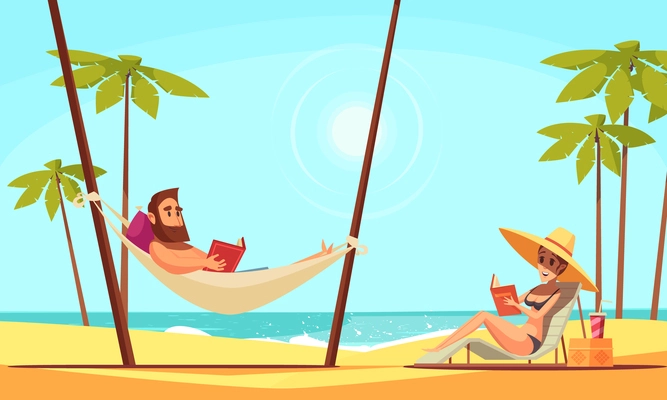 Beach reading background with sand palms and sea flat vector illustration