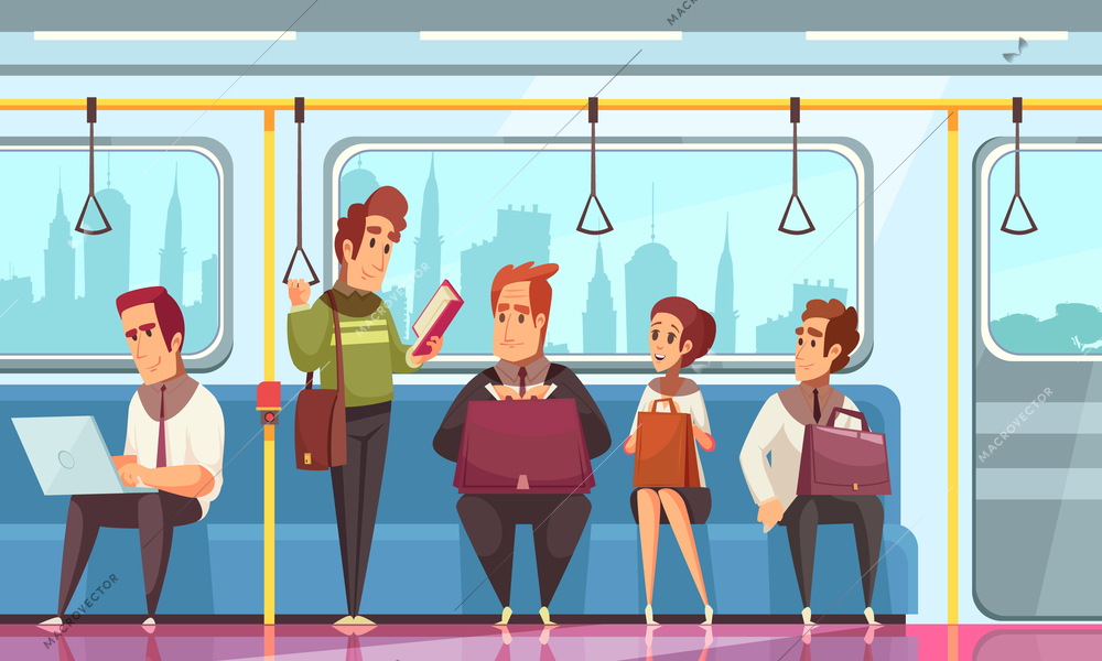 People reading books in underground background with transport symbols flat vector illustration