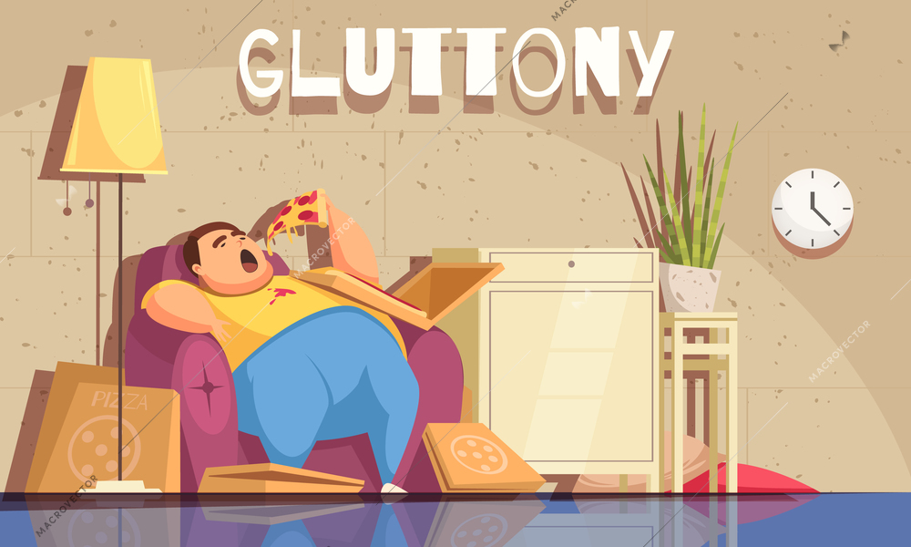 Gluttony background with obsessive eating and overweight symbols flat vector illustration