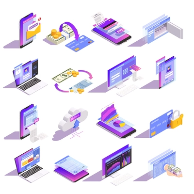 Internet online mobile banking services isometric icons collection with loading money onto card building credit vector illustration
