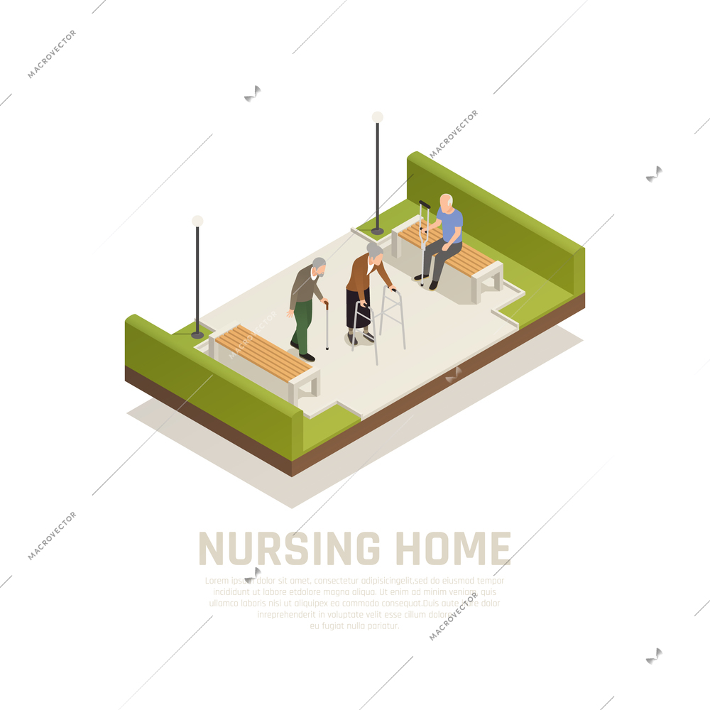Elders with disabilities nursing home outdoor activities isometric composition with using cane crutches walker people vector illustration