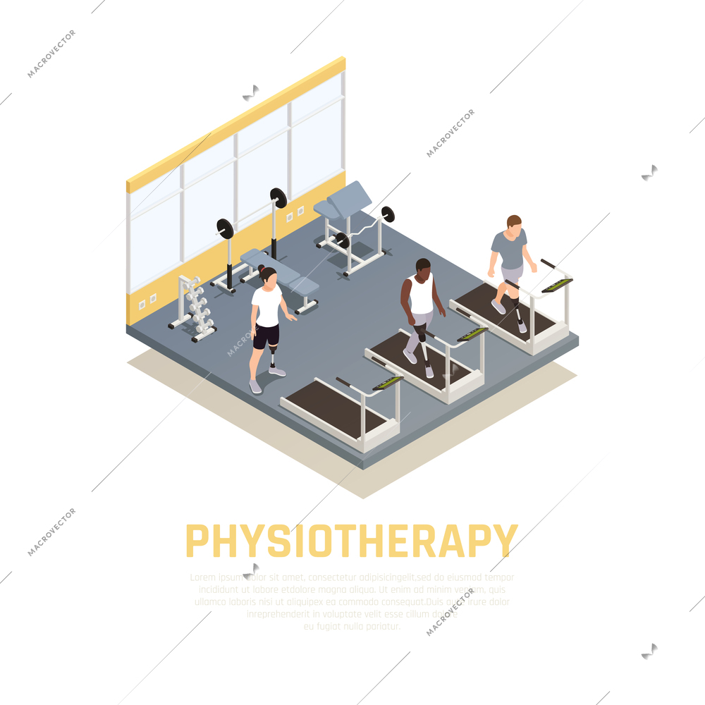 Disabled rehabilitation clinic isometric composition with training equipment for injured amputees with leg prothesis physiotherapy vector illustration