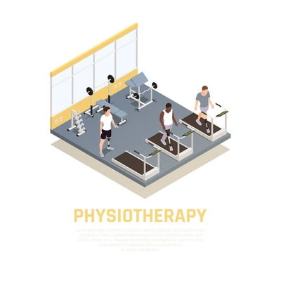 Disabled rehabilitation clinic isometric composition with training equipment for injured amputees with leg prothesis physiotherapy vector illustration