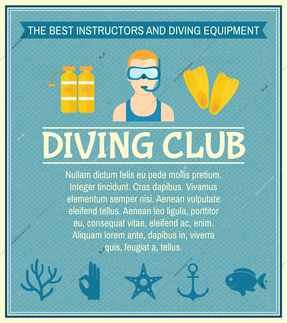 Diving club best instructors and equipment poster vector illustration.