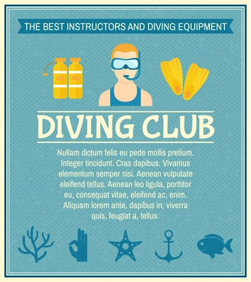 Diving club best instructors and equipment poster vector illustration.