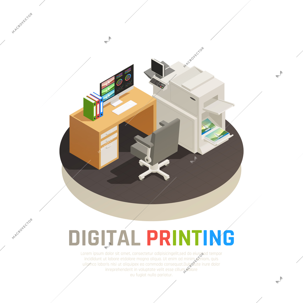 Contemporary digital printing house office software inkjet laser screen equipment designer desk rond isometric composition vector illustration