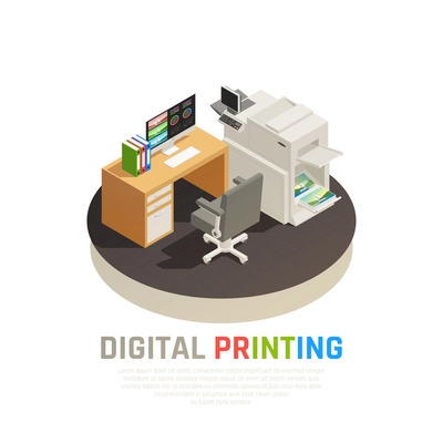 Contemporary digital printing house office software inkjet laser screen equipment designer desk rond isometric composition vector illustration