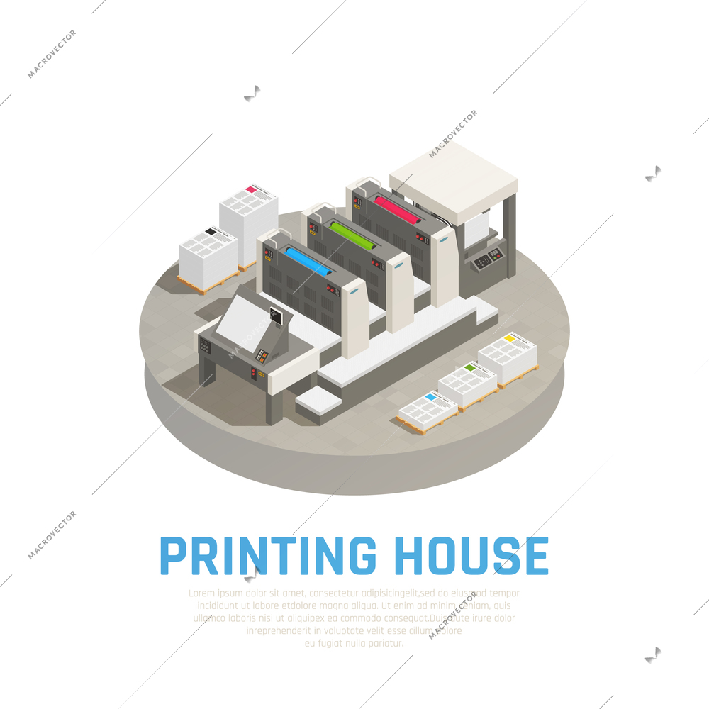 Printing house facility equipment isometric composition with offset press preprint cutting binding brochures documents round vector illustration
