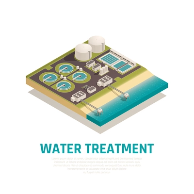 Advanced water treatment plant isometric composition with settling basins filtration separation oxidation wastewater purification facilities vector illustration