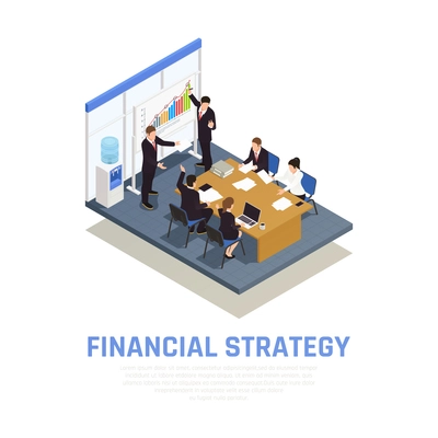 Investment strategies of fund managers isometric composition with financial growth benefits and risks evaluating presentation vector illustration