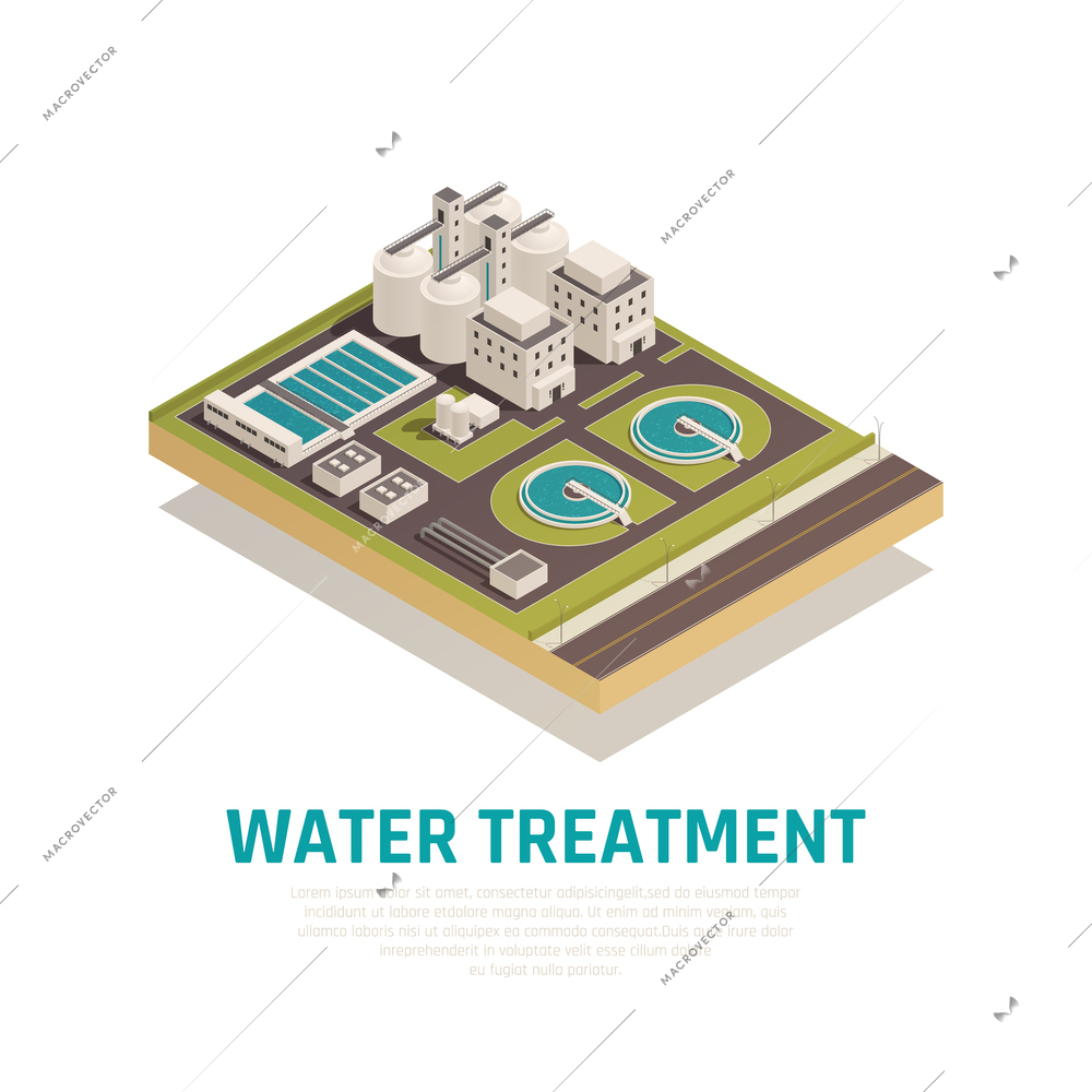 Sewage water cleaning treatment plant isometric composition with settling basins filtration separation oxidation  purification facilities vector illustration