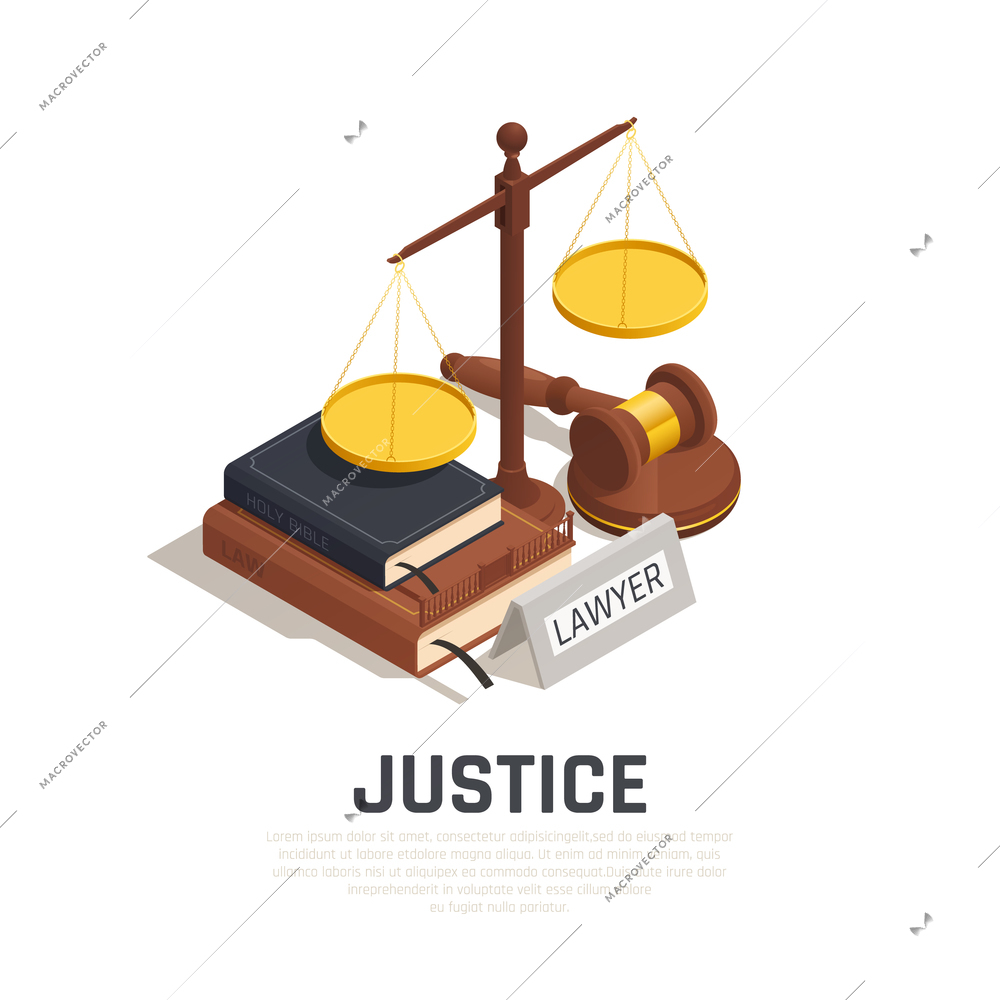 Law isometric composition with mallet legal code book bible and scale of justice symbol vector illustration