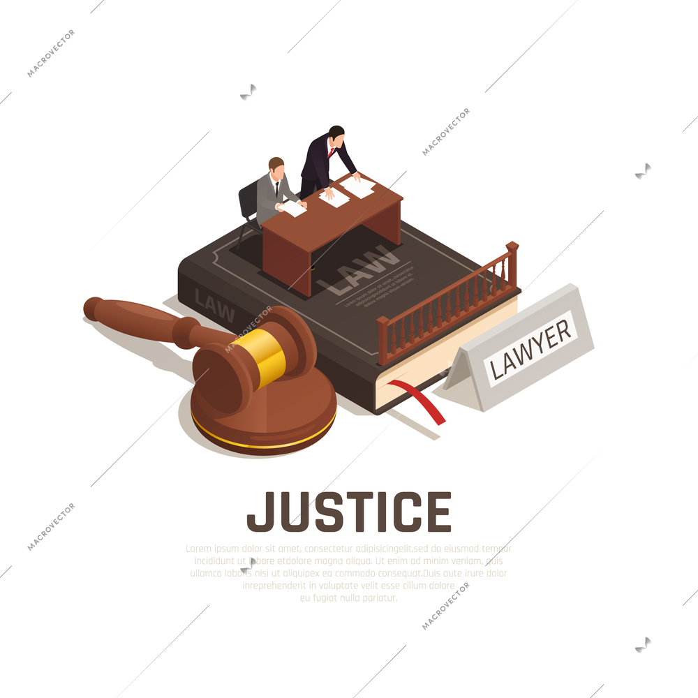 Law justice court proceedings isometric composition on civil code book with defense lawyer defendant mallet vector illustration