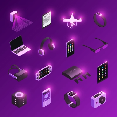 Innovative electronic technology gadgets  isometric icons set with virtual reality headset smart watch purple background vector illustration