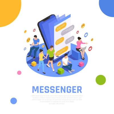 Social media network isometric composition  with messenger applications open on smartphone screen and communicating users vector illustration