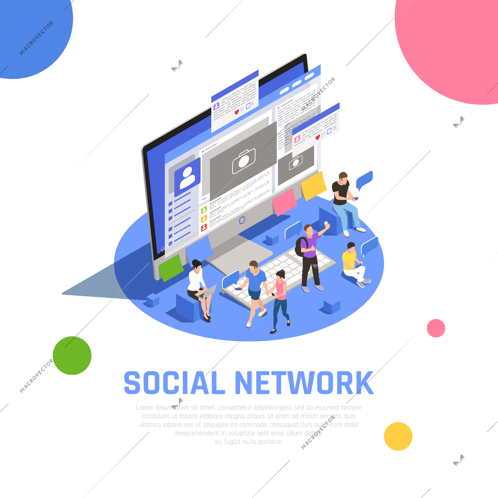 Social media network users sharing photo topics with friends communicating messaging opening applications isometric composition vector illustration
