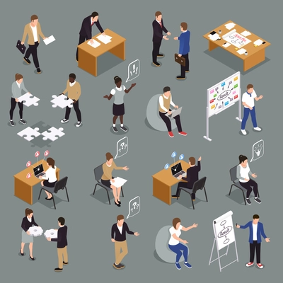 Teamwork efficient collaboration isometric icons collection with interacting unified sharing ideas brainstorming decisions making people vector illustration