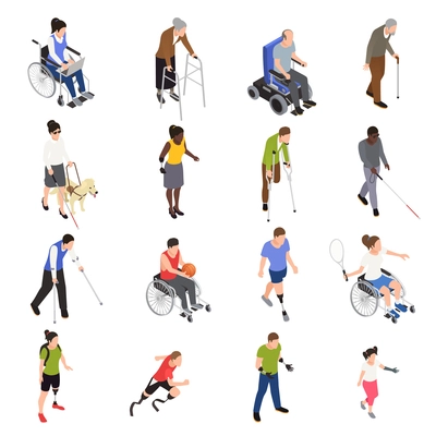 Disabled injured people outdoor activities isometric icons set with sporting limb amputees moving using wheelchair vector illustration