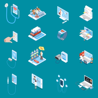 Digital mobile health isometric icons with online consultation internet pharmacy medical devices blue background isolated vector illustration