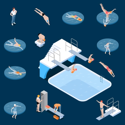 Public swimming pool sports equipment locker room elements and visitors isometric set dark background isolated vector illustration