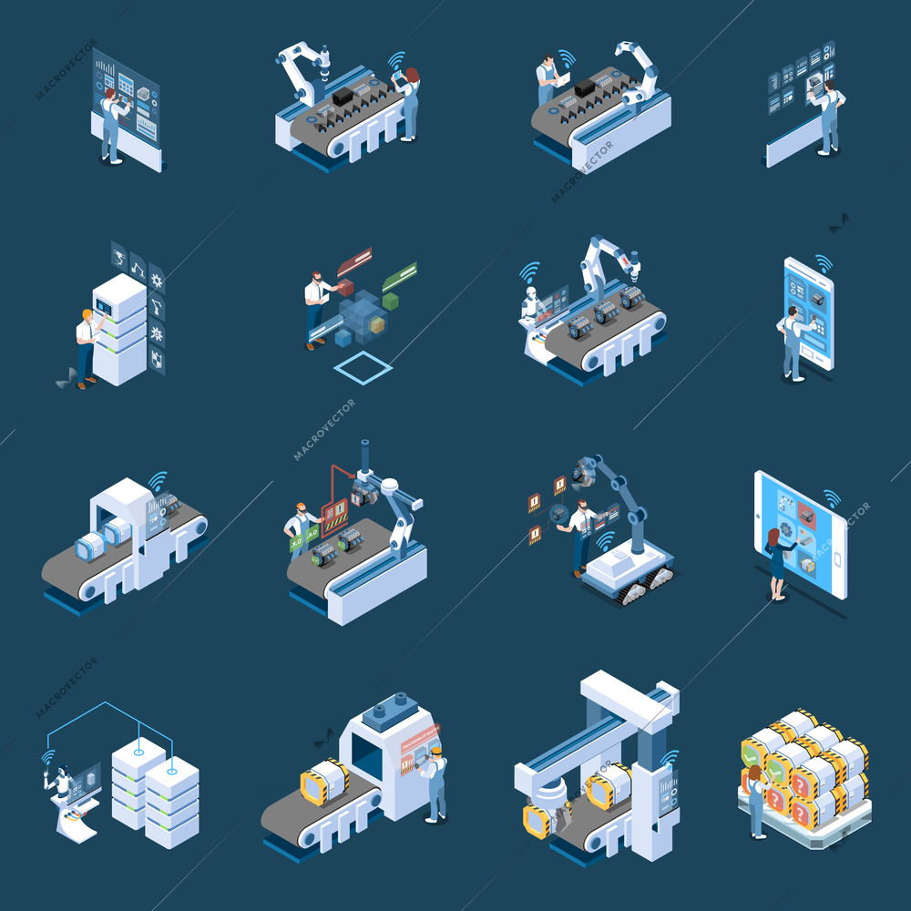 Smart industry with robotized manufacturing remote control and  production data center isometric icons isolated vector illustration