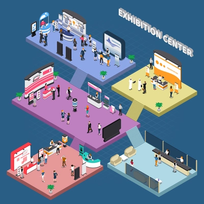 Multi storey exhibition center with corporate advertising stands and visitors isometric composition on blue background vector illustration