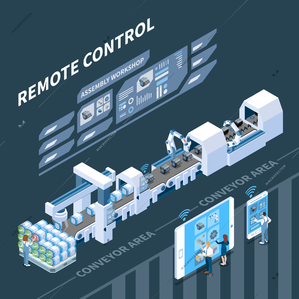 Smart industry isometric composition with remote control of conveyor system on dark background vector illustration