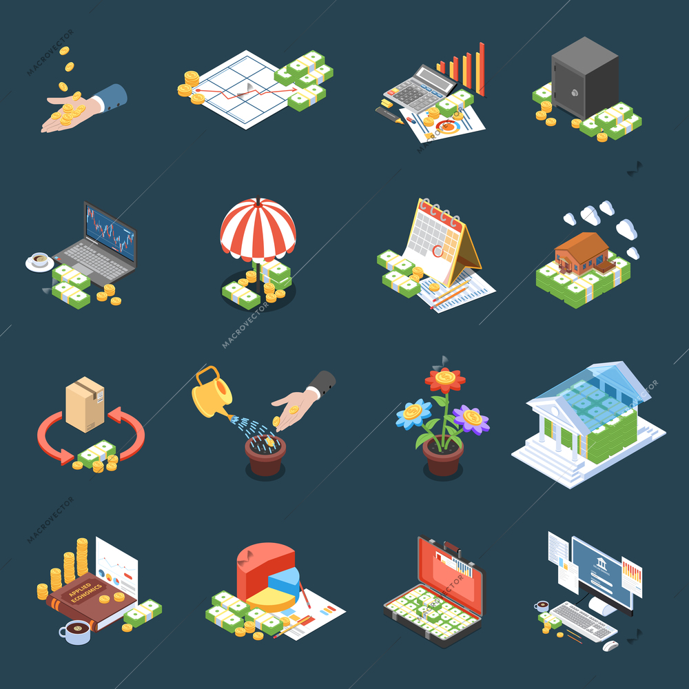 Wealth management isometric icons with financial statistics and operations net profit on dark background isolated vector illustration