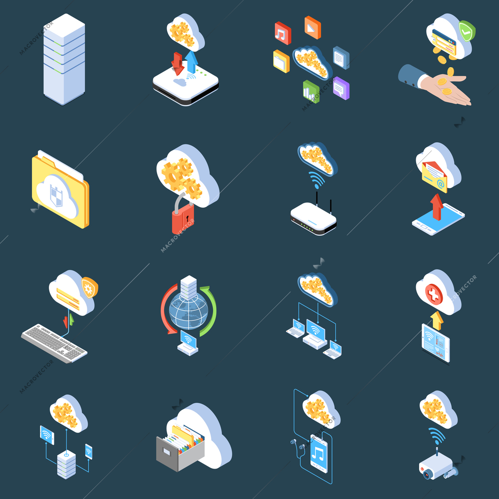 Cloud technology isometric icons of storage protection and synchronization of data on dark background isolated vector illustration