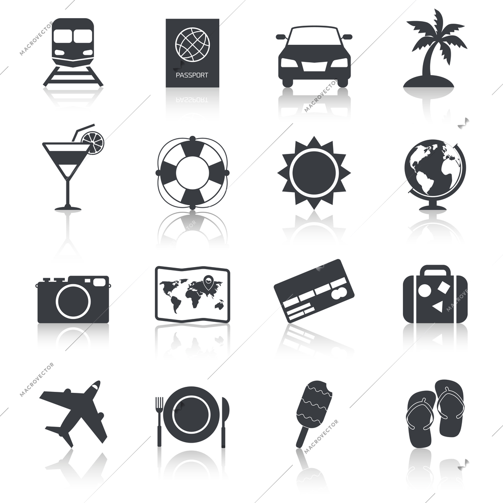 Travel tourism holiday vacation black silhouette icons set isolated vector illustration