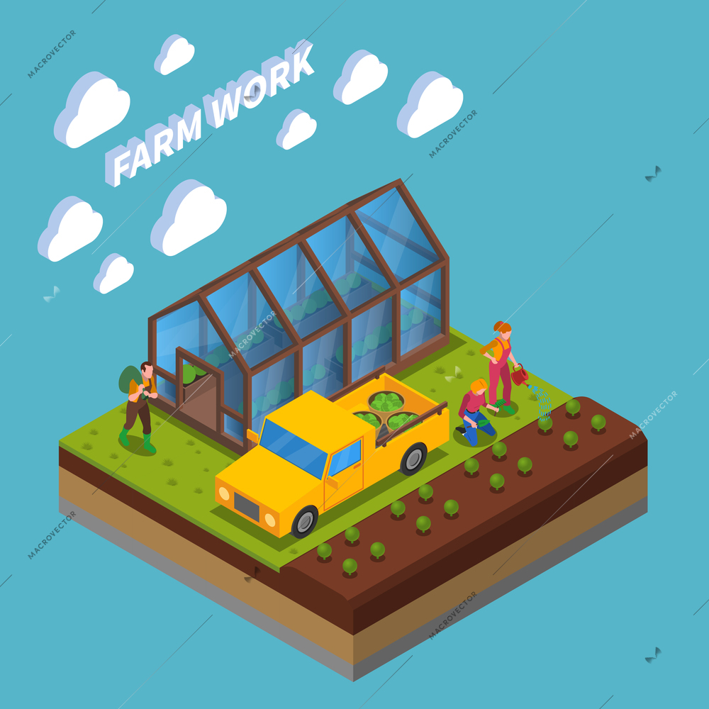 Farm work isometric composition growing of vegetable in green house and in field blue background vector illustration