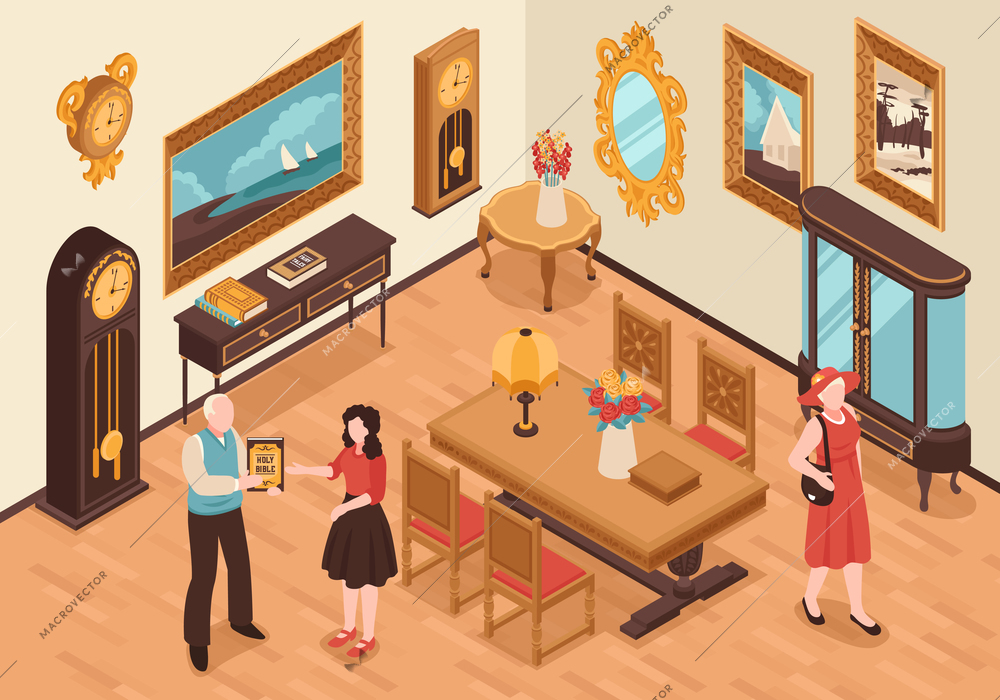 Antiquarian shop isometric interior with vintage furniture visitors and seller showing ancient book vector illustration