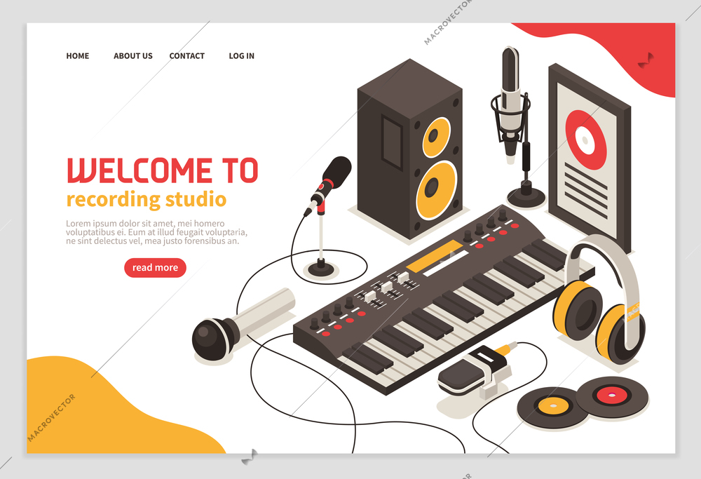 Welcome to recording studio poster with musical instruments microphones headphones amplifier compact disc isometric  icons vector illustration