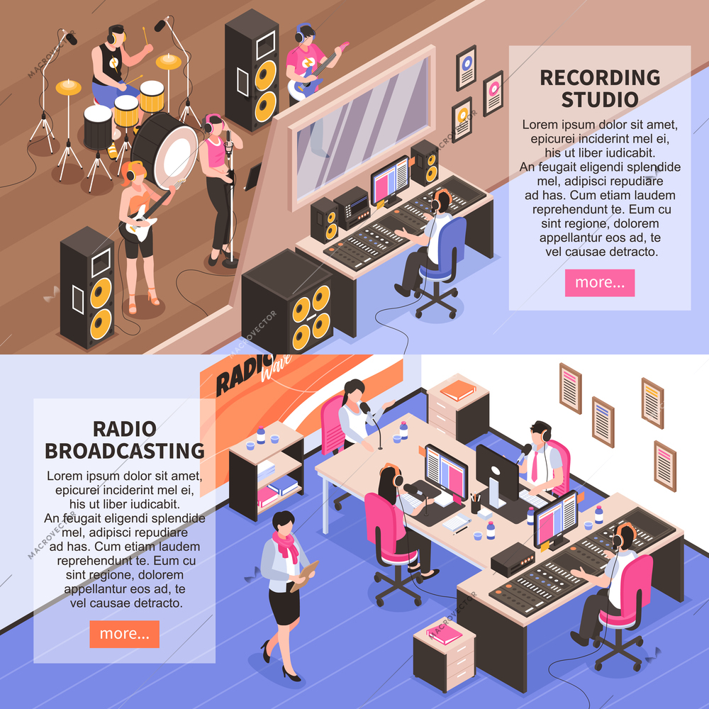 Recording studio and radio broadcasting horizontal banners with music band announcer and newscasters isometric vector illustration