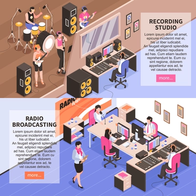 Recording studio and radio broadcasting horizontal banners with music band announcer and newscasters isometric vector illustration