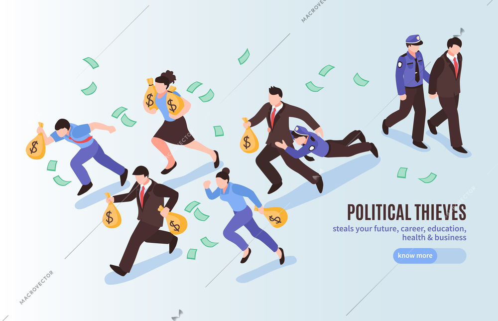 Political thieves isometric poster with officials with bags of money running away from police vector illustration