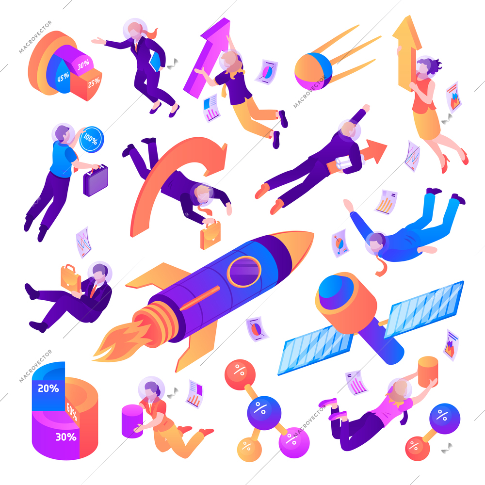 Business space isometric set of different flying spacecrafts people and business symbols isolated vector illustration