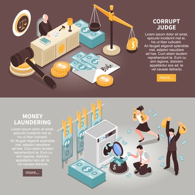 Corruption horizontal banners with text information about theft of public money and corrupt judges isometric vector illustration